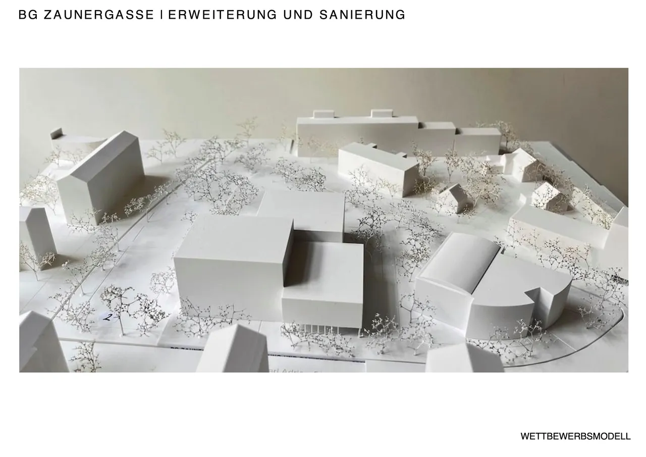 Modelfoto und Planzeichnung des Neubaus für das BG Zaunergasse in Salzburg