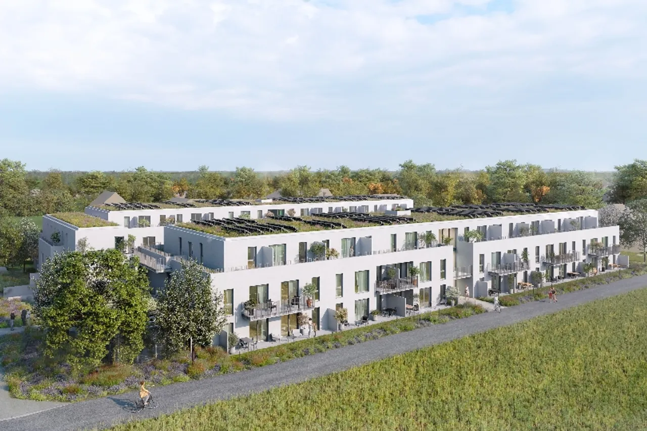 Visualisierung des ersten CO2-neutralen Gemeindebau NEU an der idyllischen Mühlwasserpromenade