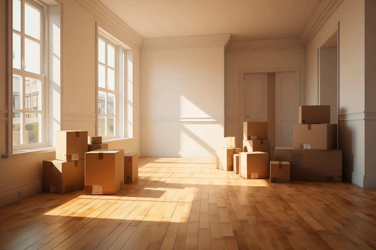 hyper realistic 3D render 4K removal boxes in the apartment seeing through an open door, calm and hopeful mood, morning light --ar 3:2 --style raw --stylize 250 --v 5.2 Job ID: f506af65-7337-43d1-b711