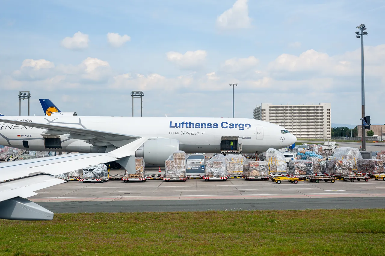 05/26/2019. Frankfurt Airport. Germany. Boeing 777 Freighter in Lufthansa cargo depot operated by Fraport and serves as the main cargo hub.